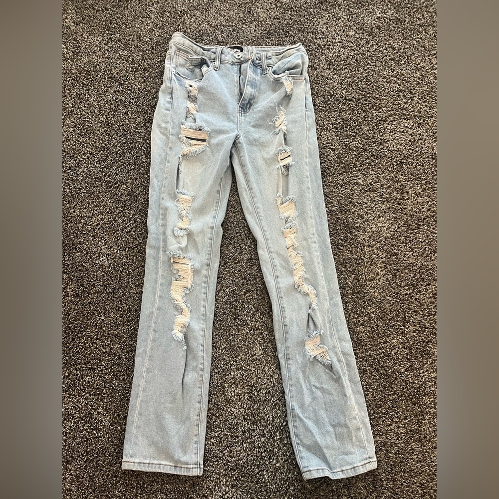 Fashion Nova Light Blue Distressed Straight Leg Jeans